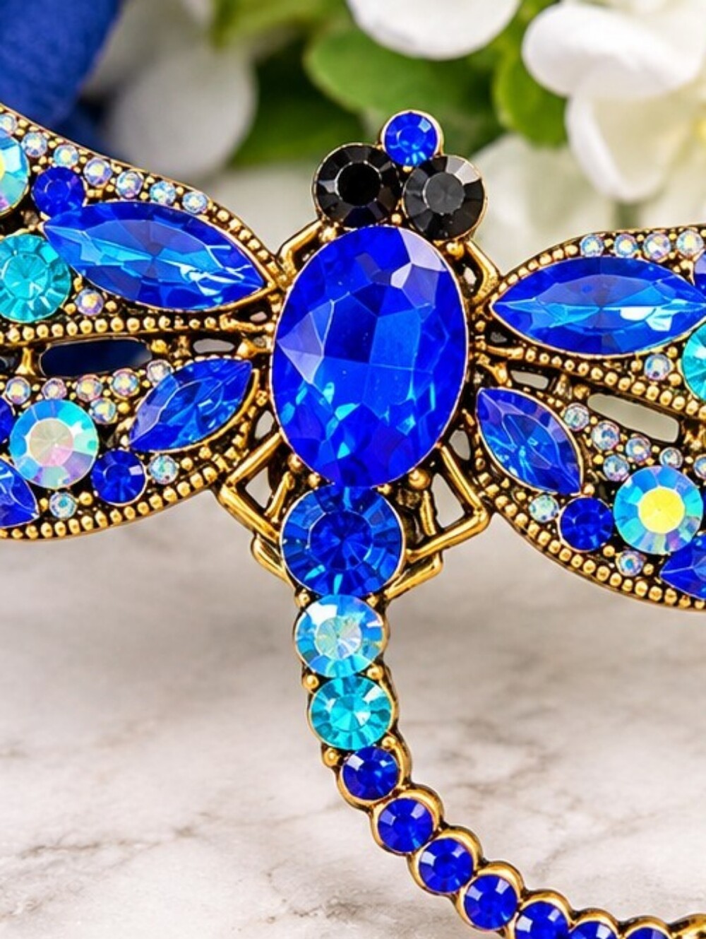 Large Blue Crystal Dragonfly Brooch Rhinestone Statement Pin Gold Tone